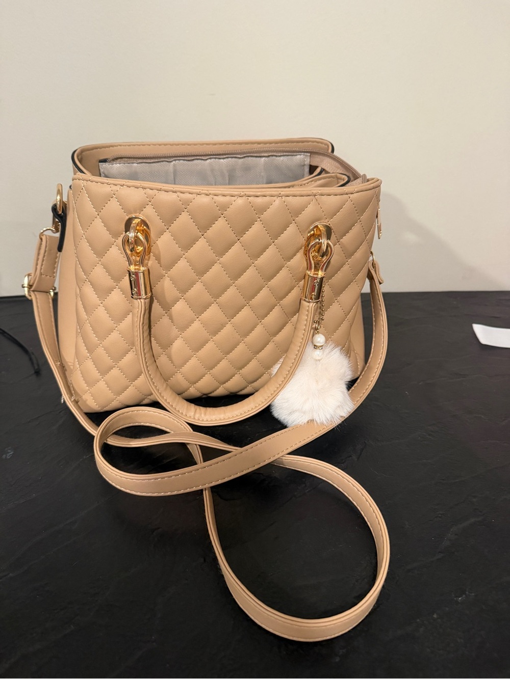 Quilted Beige Crossbody Tote Bag with Faux Fur Charm